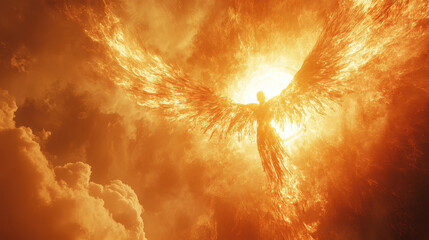 Fiery Angel Ascending Through Orange Clouds