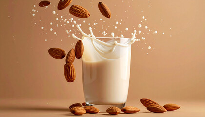 Almond milk splashing from a glass and flying almonds on a brown background