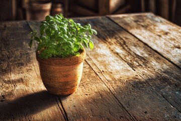 Basil plant in terracotta pot on rustic wooden table.