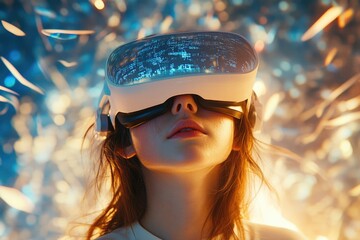 A young woman experiences immersive virtual reality,  data streams reflected in her headset.