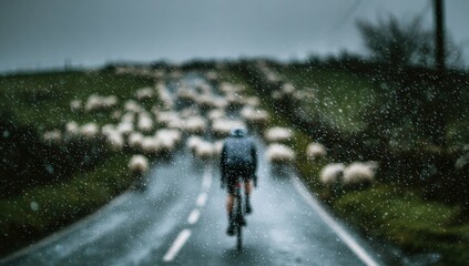Obraz premium Cyclist on a wet road, sheep in the distance