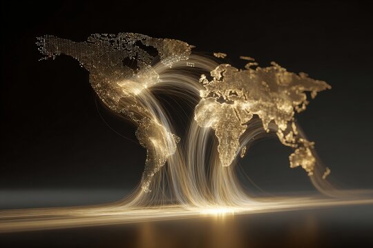 Golden world map with swirling light trails