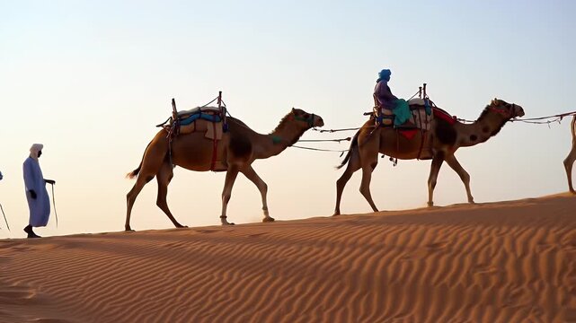 Camel Caravan Traversing Sandy Dunes at Dusk in Arabian Desert with Traditional Attire Silhouetted Riders Camelcade in Golden Light and Wavy Sand Textures for Travel and Tourism Promotion