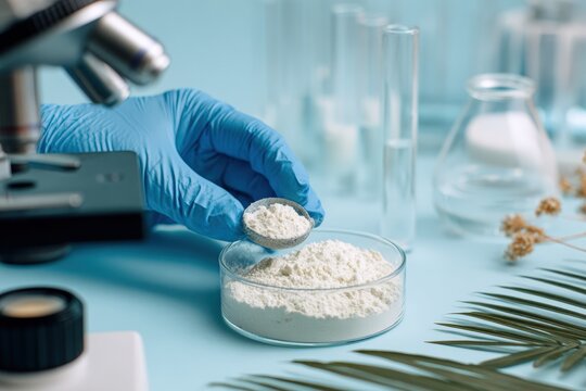 Scientist in lab coat, wearing blue gloves, transfers powder from a small measuring spoon to a petri dish