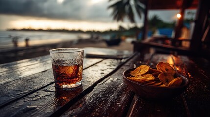Beachside Relaxation - Drink and Snacks at Sunset.