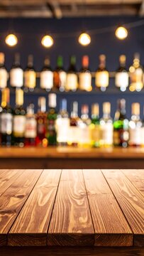 Wooden bar top, blurred background of bottles and lights