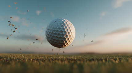 Golf Ball Flying in Motion Over Grass Field at Sunset
