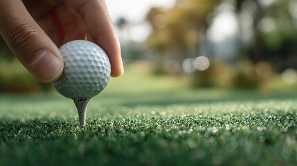 Close up of hand setting up the golf ball 