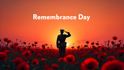 Silhouette of soldier saluting in poppy field for remembrance day