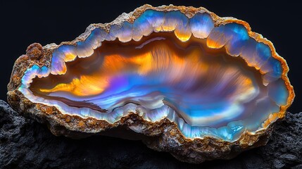 Fototapeta premium Spectacular Geode with Iridescent Layers on Dark Background 