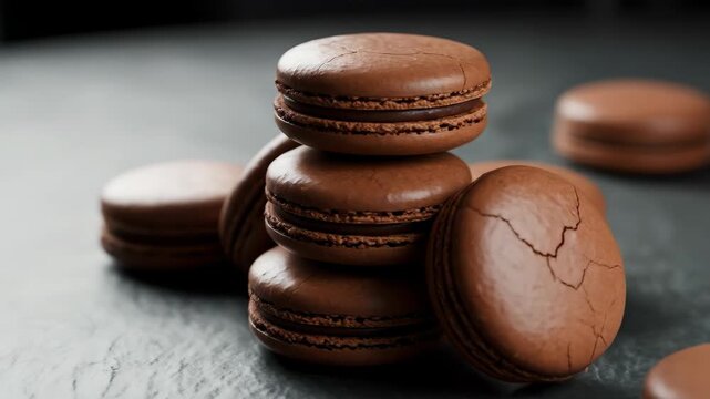 A close-up of stacked chocolate macarons on a dark surface.