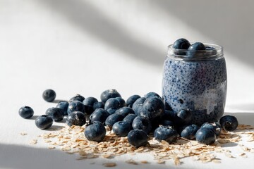 Blueberry Overnight Oats in Jar with Fresh Berries and Oats.