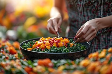 Obraz premium A person prepares a vibrant salad with roasted butternut squash, pomegranate seeds, and kale.