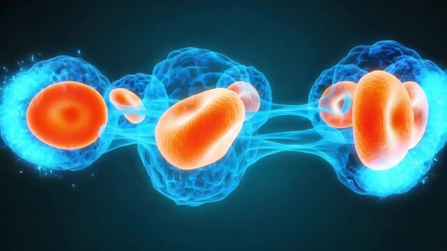 A cinematic plump orange fat cells first, glossy, large, full of glowing lipids gradually microscopic energy Blue metabolic fireflies fat burning. medical particle system, seamless 4K loop