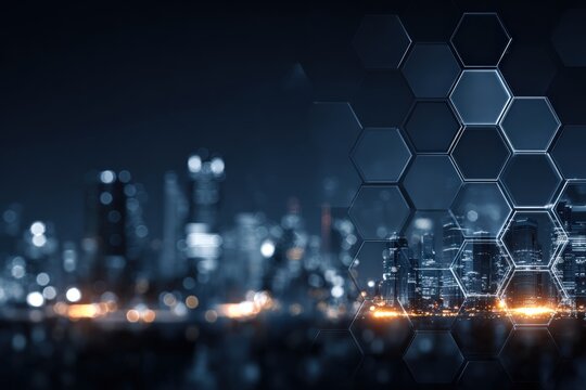 Abstract city skyline with digital honeycomb overlay