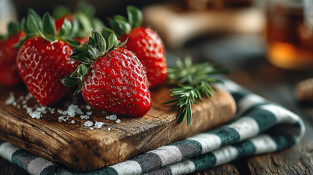 Fresh Red Strawberries with Sea Salt and Rosemary on Rustic Wooden Board and Plaid Cloth