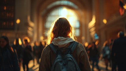 A woman with a backpack, walking through a bustling interior space, bathed in golden light