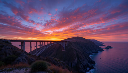 A scenic view of bixby creek bridge at sunset with colorful clouds and the pacific ocean coastline grainy