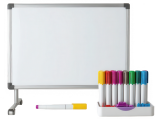 Whiteboard on a stand with colorful markers in a holder and a single marker laying down