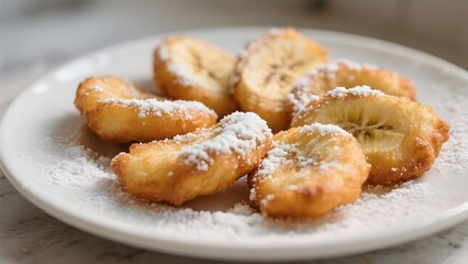 Naklejka premium Homemade Banana Fritters with Powdered Sugar on a Plate