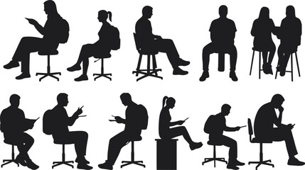 set of people silhouette, people sitting, vector design illustration. Silhouette of a student reading from a textbook vector silhouette
