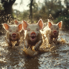 pigs running in water.