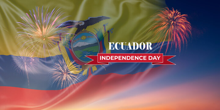 Waving National flags of Ecuador In sky with fireworks and text