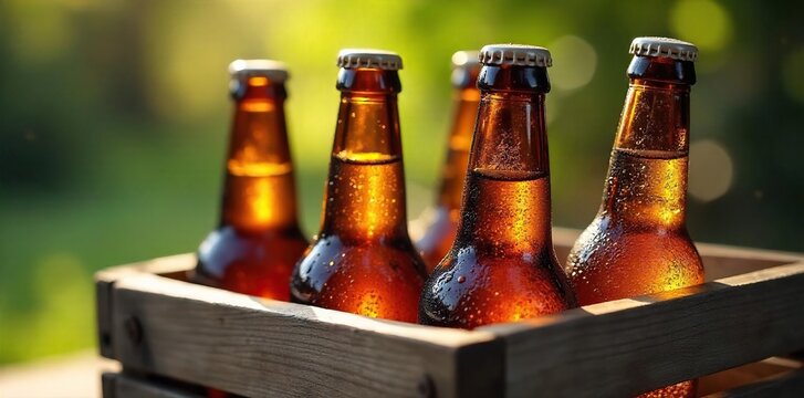 Ice-cold beer bottles sweating condensation, sitting in a rustic wooden crate, ready to be enjoyed on a hot summer's day Perfect for thirst-quenching refreshment , party, alcohol, beer - Powered by Adobe