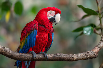 Obraz premium Stunning Scarlet Macaw with Brilliant Red, Blue, Yellow Plumage Perched on Textured Branch, Soft Jungle Bokeh