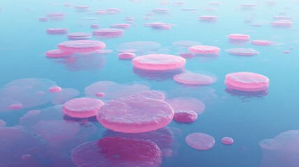 Soft candy pink river beneath floating jelly pads glowing with subtle gradients