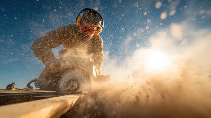 Carpenter cutting wood with a circular saw in a construction site.