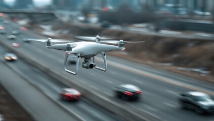 Drone flying over a highway in a city