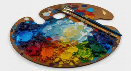 Fototapeta premium Artists Palette with Vibrant Colors and Paintbrushes close up shot