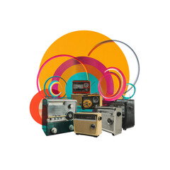 Vintage Radios Retro Technology Collage with Colorful Abstract Background