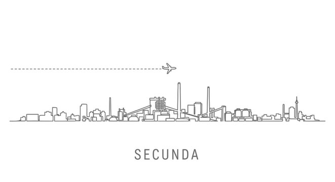 Secunda with South Africa skyline, with airplane, and minimal line art.