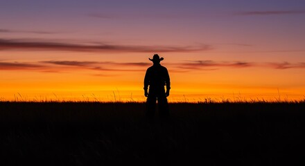Fototapeta premium Silhouette of a lone cowboy against a vibrant sunset casting a dramatic shadow on the plains