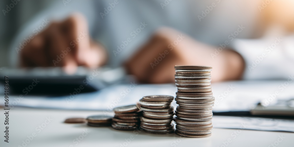 Poster stacks of coins arranged in ascending order with person calculating finances using calculator, conce