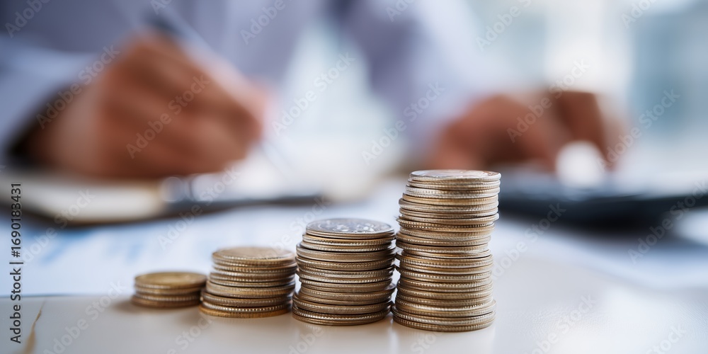 Poster stacks of coins in ascending order with blurred figures calculating data in background, concept for 