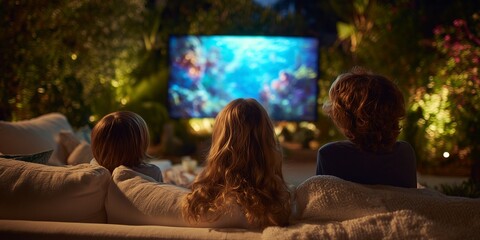 Three children watching glowing screen in lush outdoor setting from the sofa, concept for family time entertainment, backyard cinematic experience and summer night relaxation