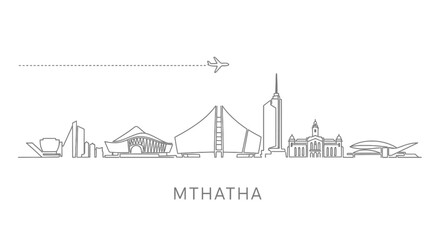 Naklejka premium Mthatha with South Africa Skyline Line Art with Airplane.