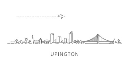 Upington South Africa Skyline Sketch with Airplane Line Art.