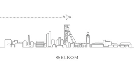 Obraz premium Welkom City Skyline with South Africa, with Airplane, and Line Art.