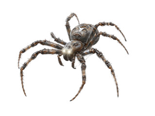 Fototapeta premium Detailed Close Up Of A Brown And Grey Spider With Glowing Eyes Against A Transparent Background