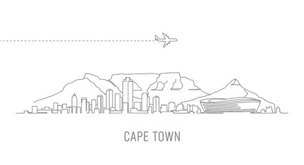 Naklejka premium Cape Town Skyline with Table Mountain and Airplane Vector Illustration.