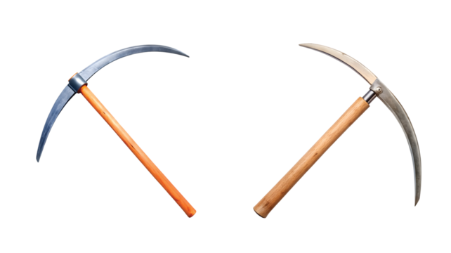 Harvest Scythe: A traditional harvest scythe tool, sharp PNG with rustic handle.