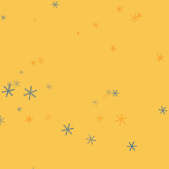 Playful pastel blue and orange starburst shapes floating on a warm yellow background.
