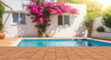 Mockup of a beautiful swimming pool and a white house with pink flowers in the background for commercial usage