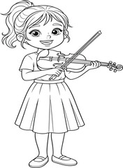 Child playing violin, black and white sketch, musical illustration, ponytail hairstyle, smiling face, standing pose, artistic expression, classical instrument, line drawing