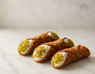 Three Sicilian Cannoli Filled with Ricotta and Pistachios