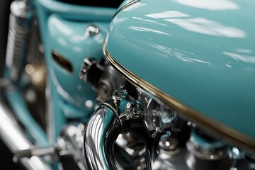Close-up of a Classic Turquoise Motorcycle Engine and Fuel Tank.